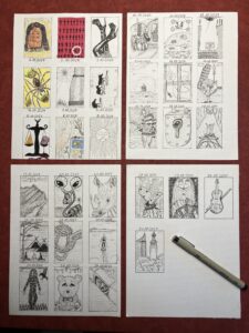 31 kleine Zeichnungen auf vier Blättern mit einem Fineliner, Inktober 2024